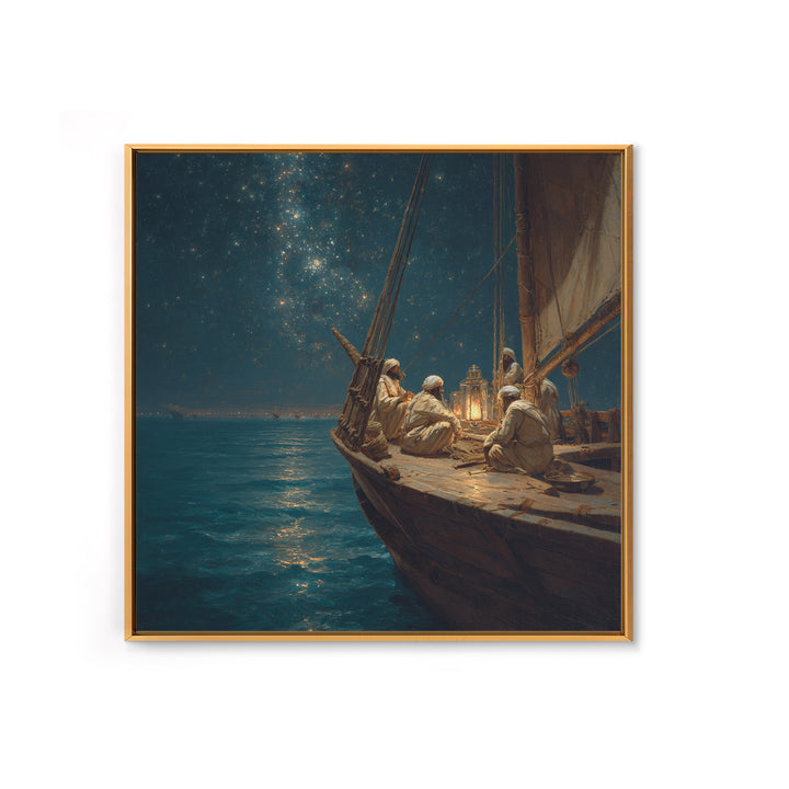 Starlit Arabian Sailboat Canvas Print, Nautical Wall Art, Ocean Night Seascape, Coastal Decor, Travel Inspired Art, Starry Sky