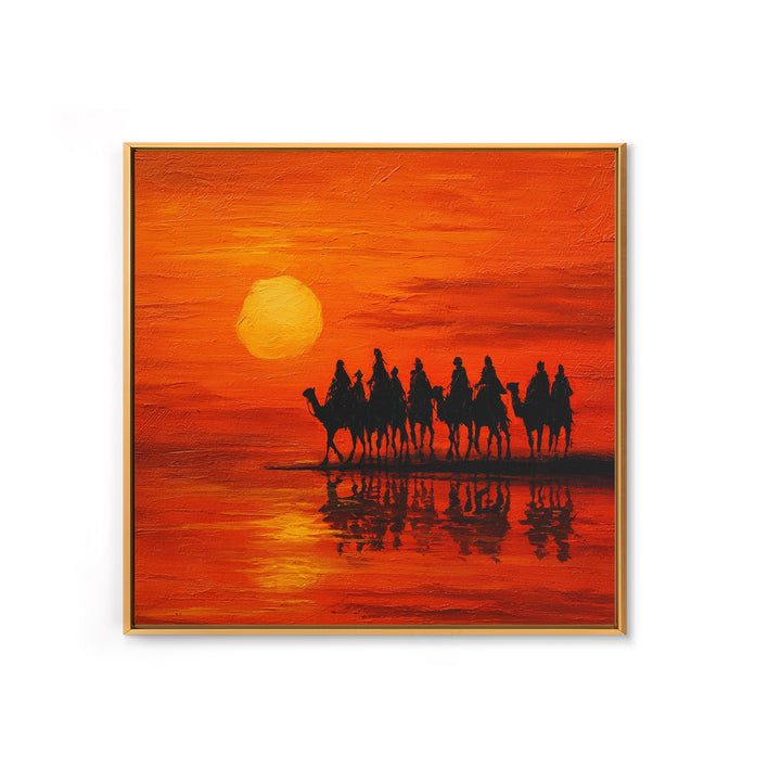 Camel Caravan At Orange Desert Sunset Wall Art, Moroccan Travel Canvas Print, Sahara Landscape Decor, Boho Housewarming Gift