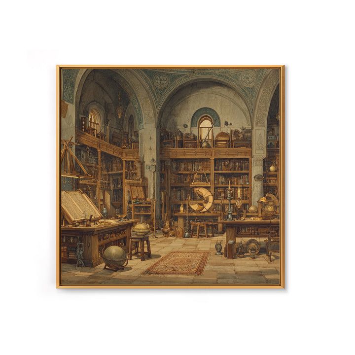 Antique Scholar Library With Globes And Manuscripts Framed Canvas Print, Dark Academia Wall Art, Office Decor, Book Lover Gift