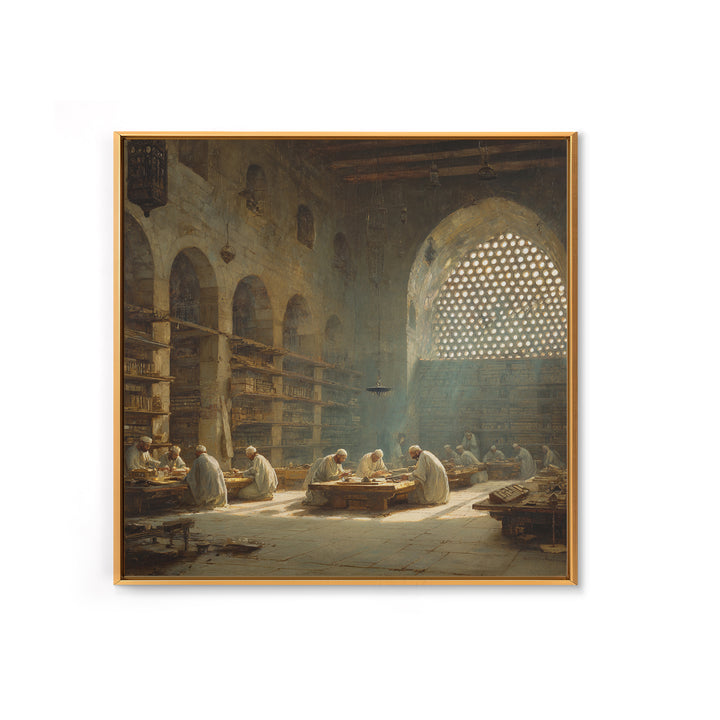 Sunlit Ancient Library Scholars Wall Art, Islamic Architecture Canvas, Dark Academia Decor, Historical Fine Art Print Gift