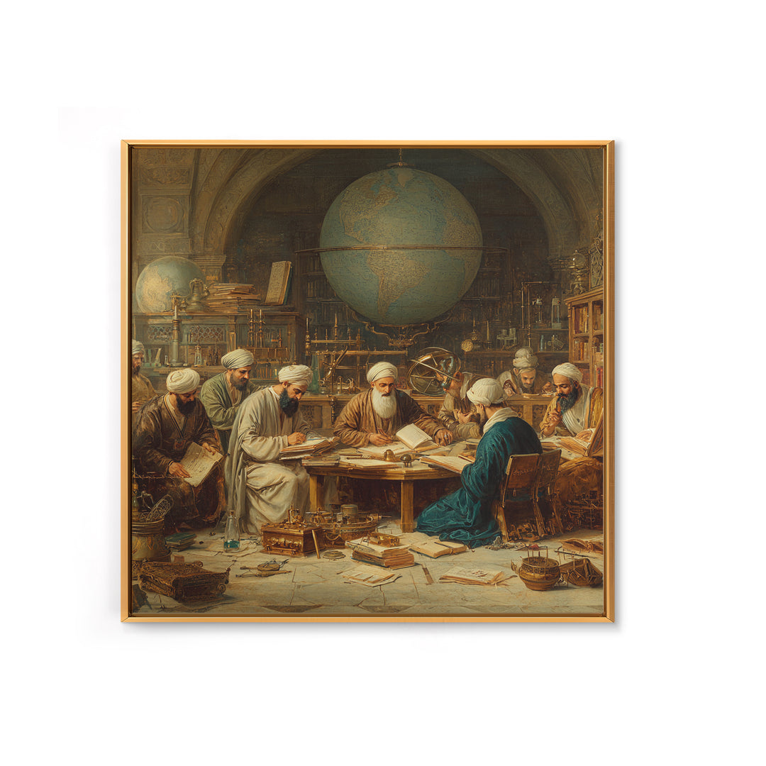 Ancient Scholars With Globe Wall Art, Islamic Golden Age Study Framed Canvas Print, Historical Library Office Decor Gift