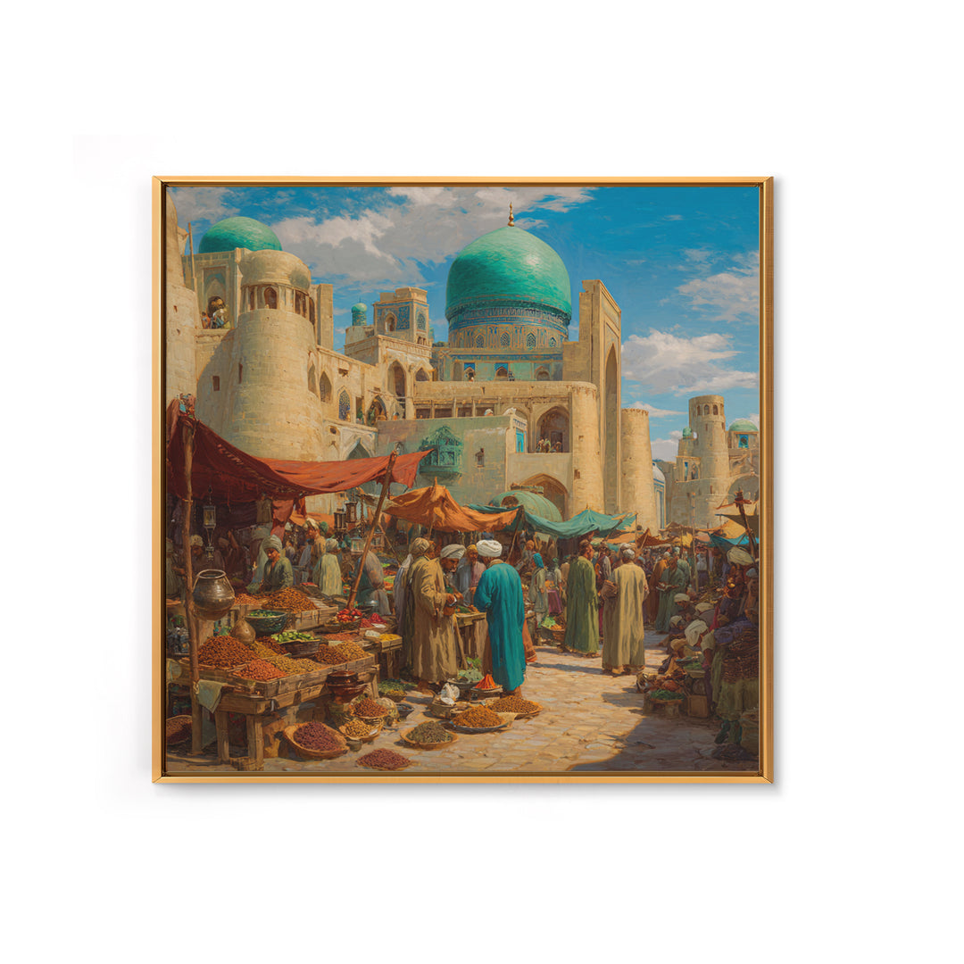 Turquoise Dome Bazaar Wall Art, Silk Road Market Painting, Islamic Architecture Decor, Moroccan Style Travel Art Print, Canvas Print