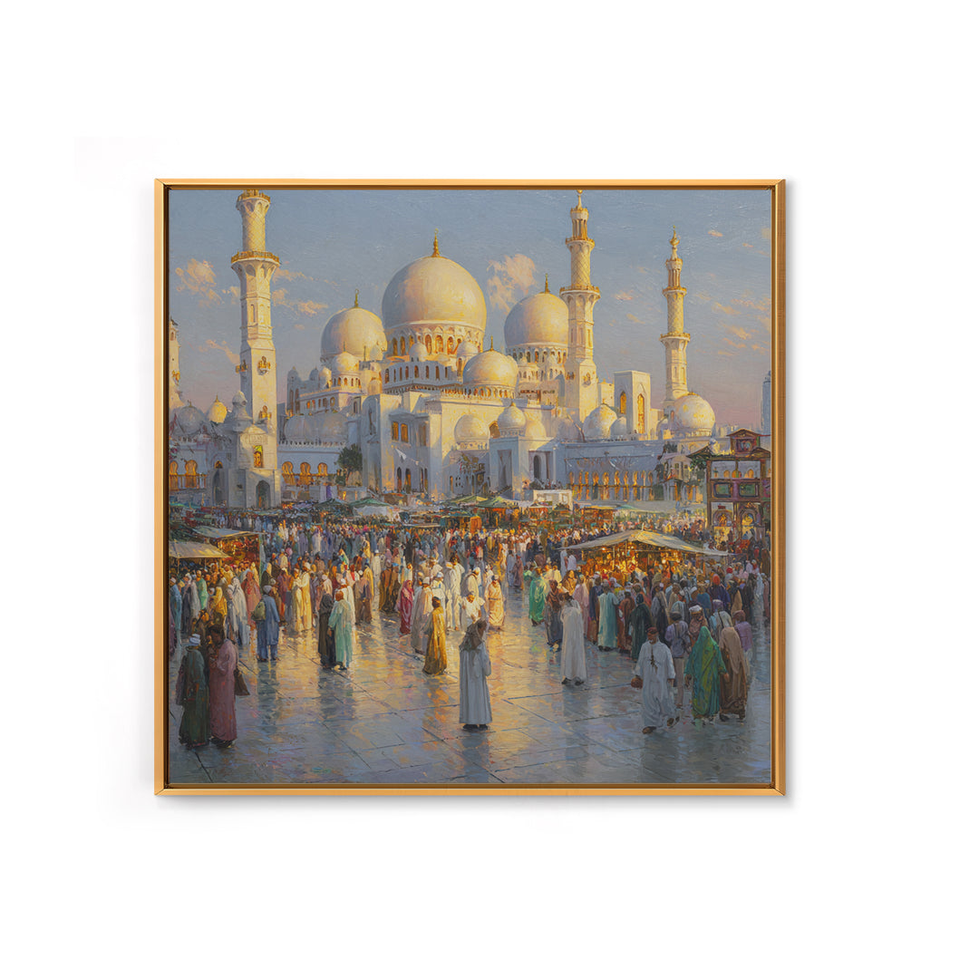 Grand White Mosque And Market Crowd Wall Art, Islamic Architecture Print, Middle Eastern Decor, Travel Gift For Living Room