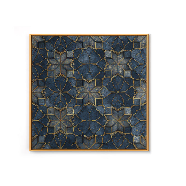 Blue Gold Geometric Tile Pattern Wall Art, Moroccan Art Deco Canvas Print, Luxury Modern Abstract Home Decor Gift For Her