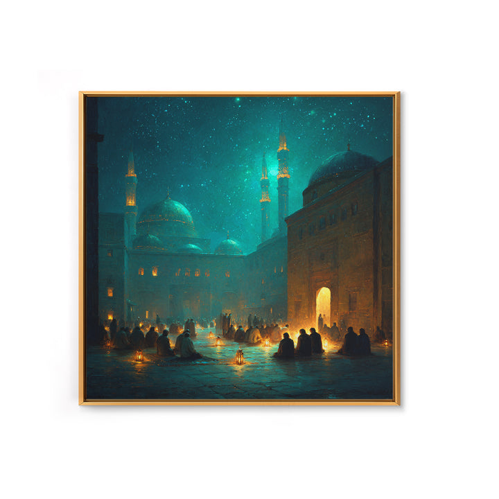Teal Lantern Prayer Courtyard Wall Art, Islamic Framed Canvas Print, Ramadan Decor, Spiritual Wall Art, Moody Mosque Scene