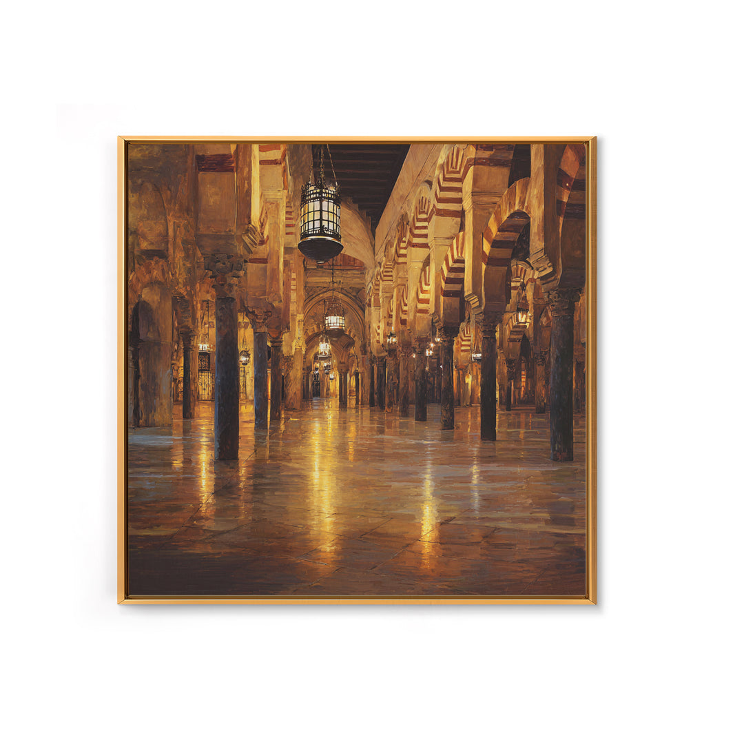 Golden Mosque Corridor Wall Art, Islamic Architecture Print, Moroccan Home Decor, Warm Lantern Canvas For Living Room Decor
