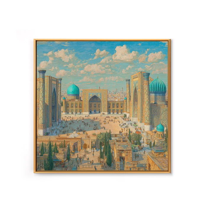 Sunlit Samarkand Mosque Courtyard Wall Art, Islamic Architecture Travel Poster, Blue Tile Decor, Asian Framed Canvas Print