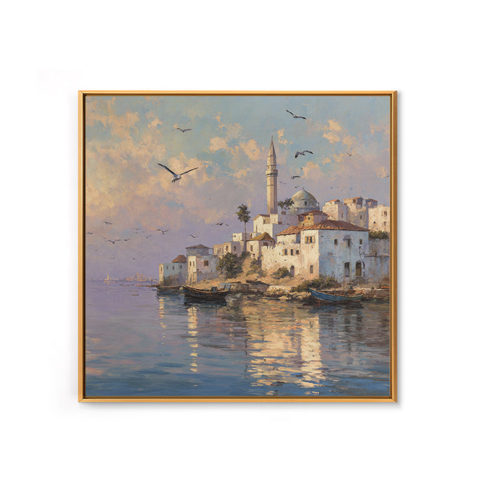 Sunlit Coastal Mosque Village Canvas Print, Mediterranean Seaside Landscape Art, Travel Poster, Coastal Wall Decor For Home