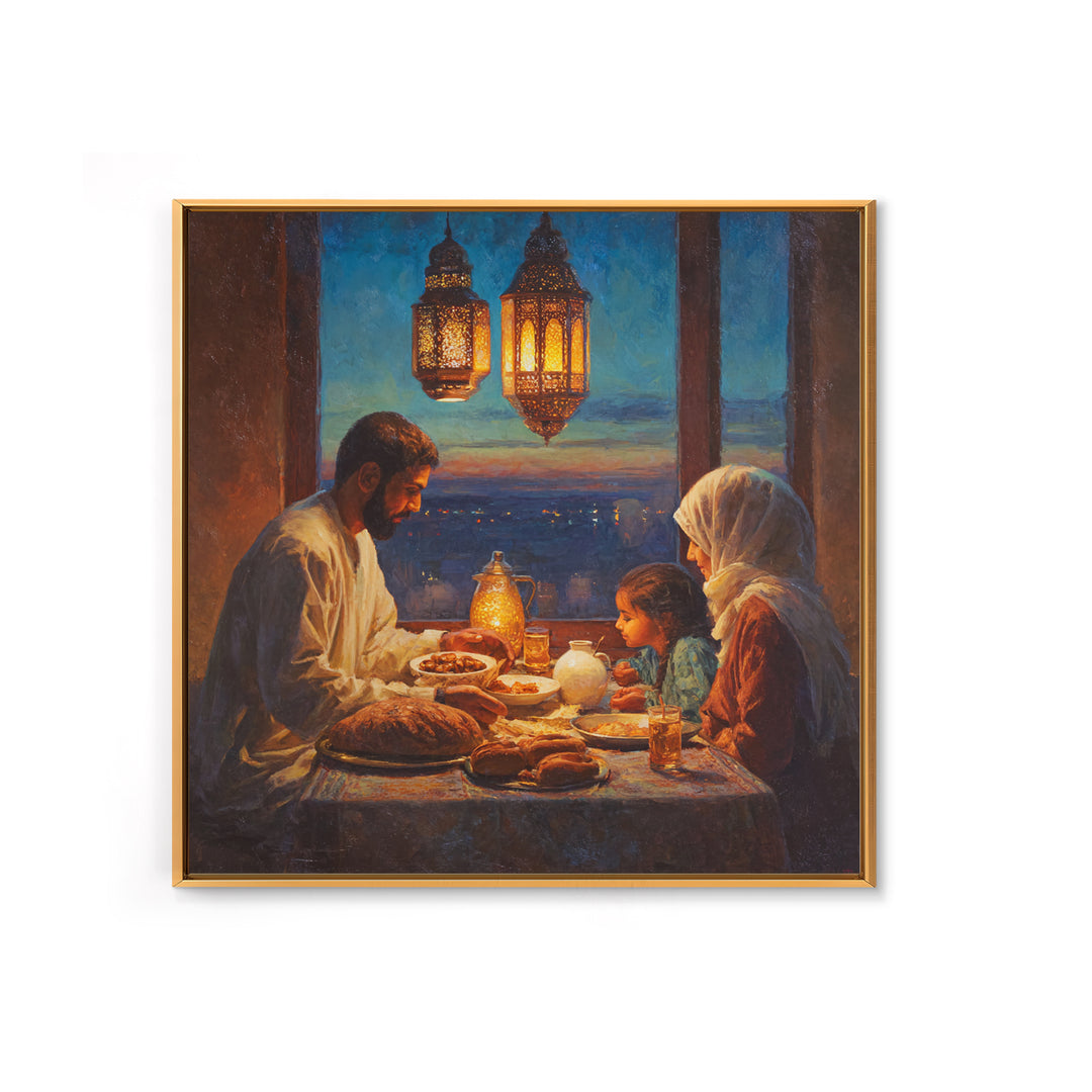 Ramadan Family Iftar By Lanterns Framed Canvas Print, Islamic Home Decor, Warm Dining Room Wall Art, Muslim Gift, Ramadan Eid Decor