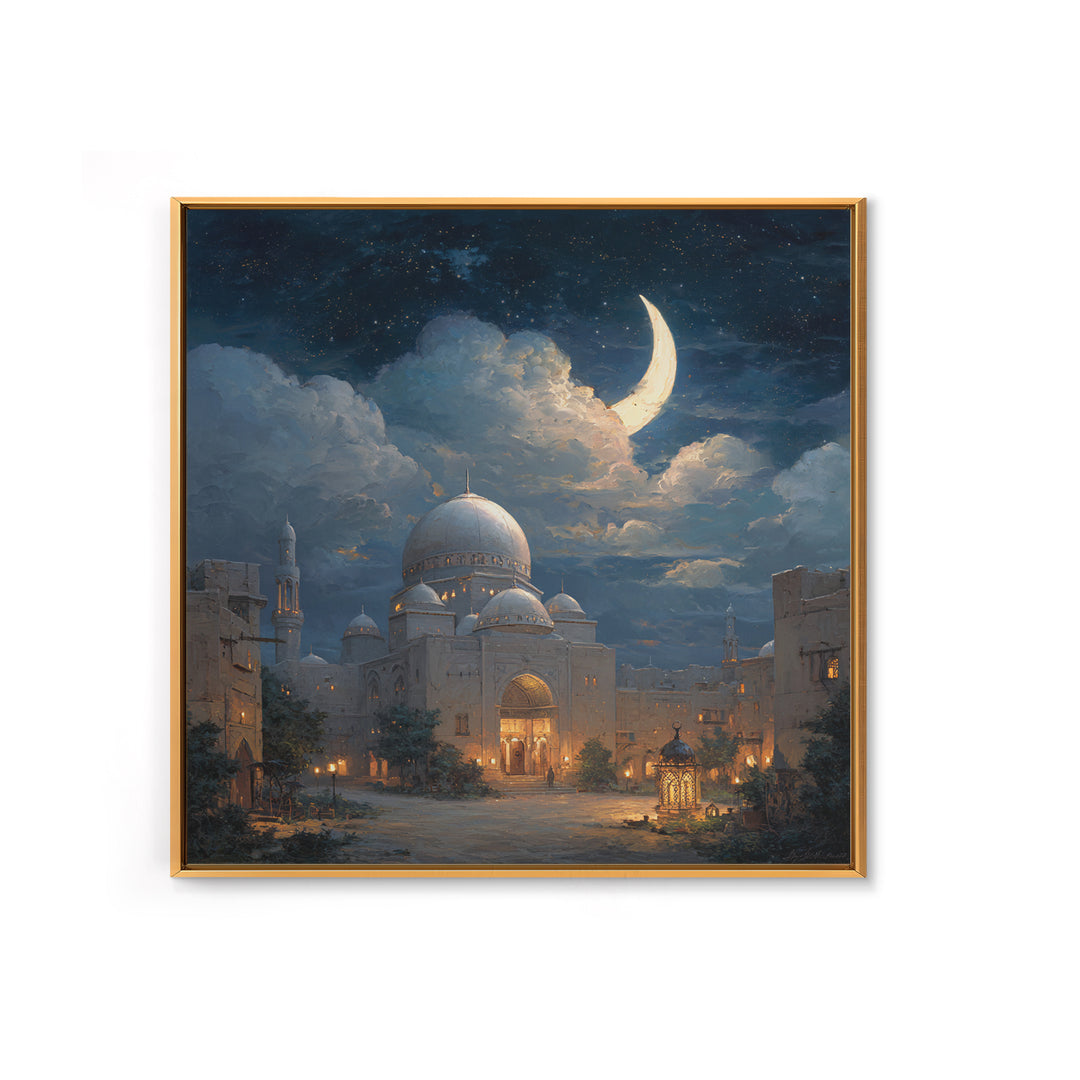 Crescent Moon Mosque Framed Canvas Print, Islamic Architecture Wall Decor, Ramadan Eid Art, Serene Night Sky Home Decor Gift