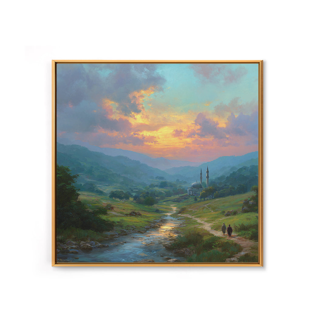 Sunset Valley Mosque And River Landscape Wall Art, Islamic Home Decor, Serene Nature Print, Peaceful Living Room Decor, Housewarming Gift