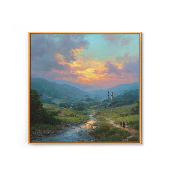 Sunset Valley Mosque And River Landscape Wall Art, Islamic Home Decor, Serene Nature Print, Peaceful Living Room Decor, Housewarming Gift