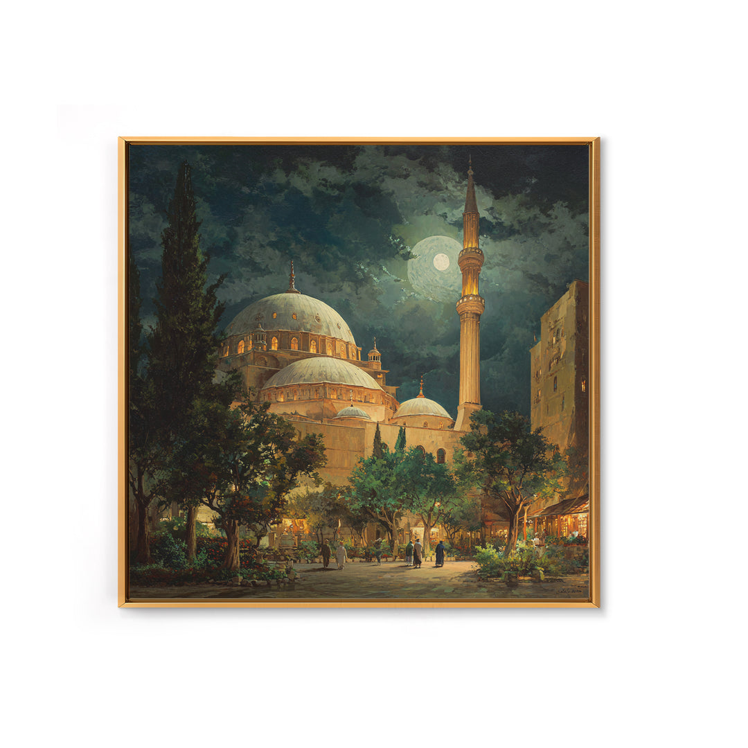 Moonlit Mosque Courtyard At Night Wall Art, Islamic Architecture Canvas Print, Ramadan Decor, Prayer Room Poster For Home Decor