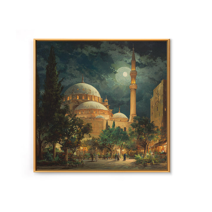Moonlit Mosque Courtyard At Night Wall Art, Islamic Architecture Canvas Print, Ramadan Decor, Prayer Room Poster For Home Decor