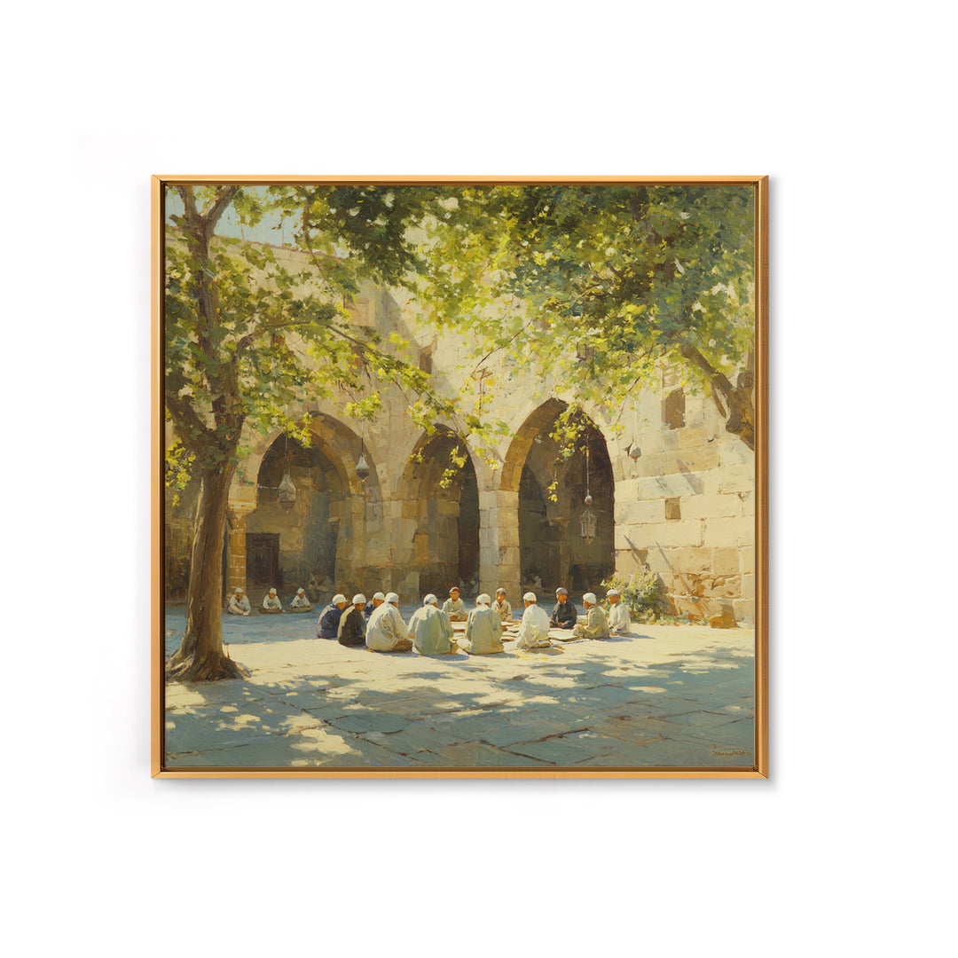Sunlit Mosque Courtyard Gathering Under Trees Framed Canvas Print, Islamic Wall Art, Arabic Architecture, Serene Home Decor