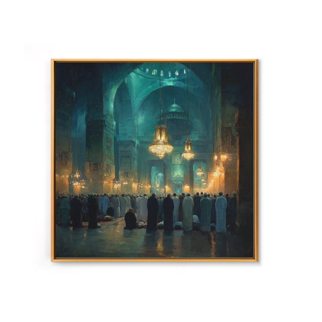 Teal Mosque Prayer Hall With Golden Chandeliers Canvas Print, Islamic Wall Decor, Spiritual Fine Art, Ramadan Gift, Elegant Home Decor