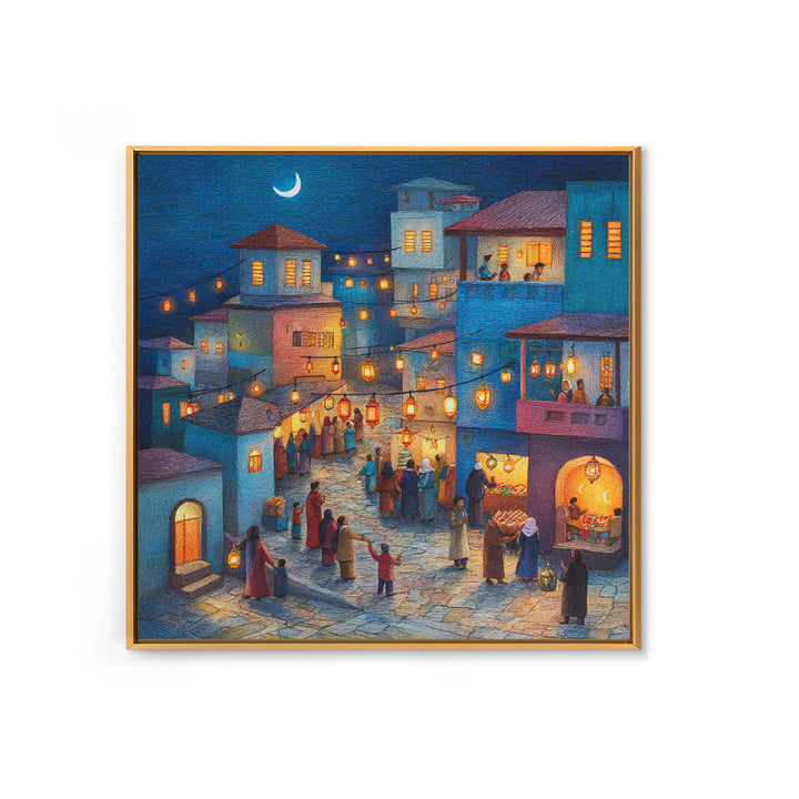 Moonlit Lantern Village Wall Art, Middle Eastern Night Market Canvas Print, Ramadan Decor, Cozy Blue Homes, Housewarming Gift