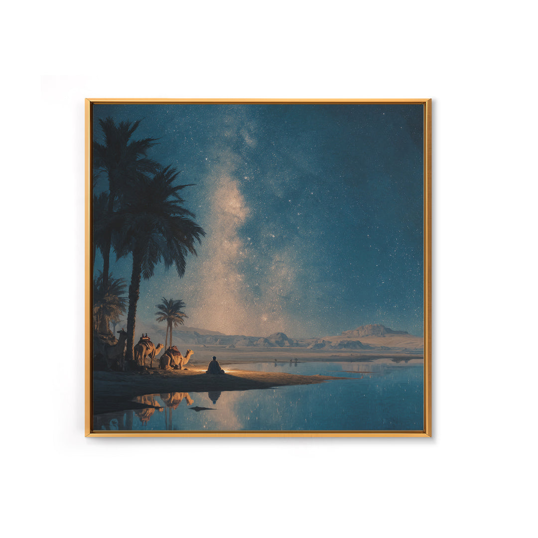 Starlit Desert Oasis With Camels Wall Art, Celestial Night Landscape Print For Boho Home Decor And Meditation Room Wall Decor