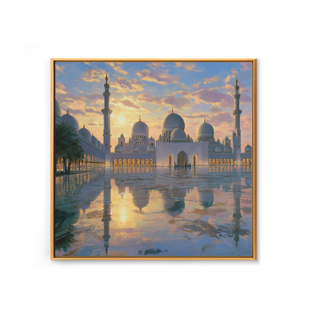 White Grand Mosque At Sunset Framed Canvas Print, Islamic Wall Art, Abu Dhabi Architecture, Spiritual Decor, Luxury Home Decor