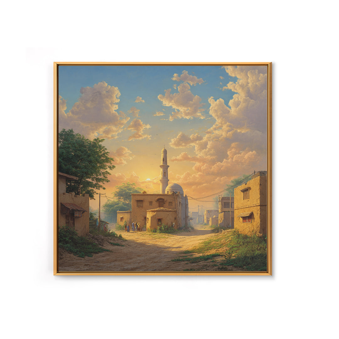 Sunlit Village Mosque At Golden Sunset Wall Art, Islamic Landscape Canvas Print, Rustic Travel Decor, Serene Home Gift For Living Room