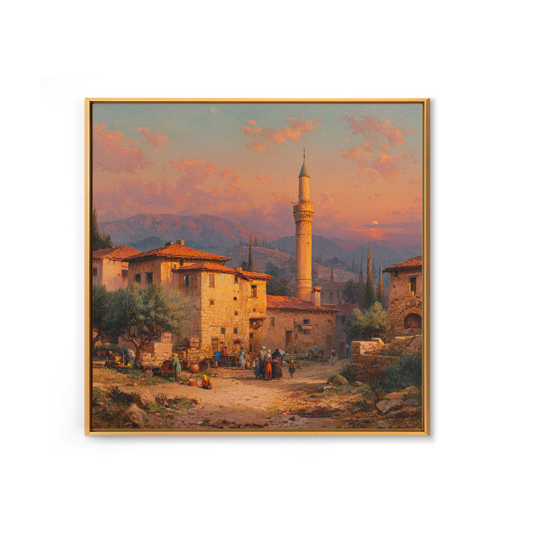 Sunset Village With Minaret Wall Art, Mediterranean Landscape Print, Islamic Architecture Decor, Travel Poster For Living Room