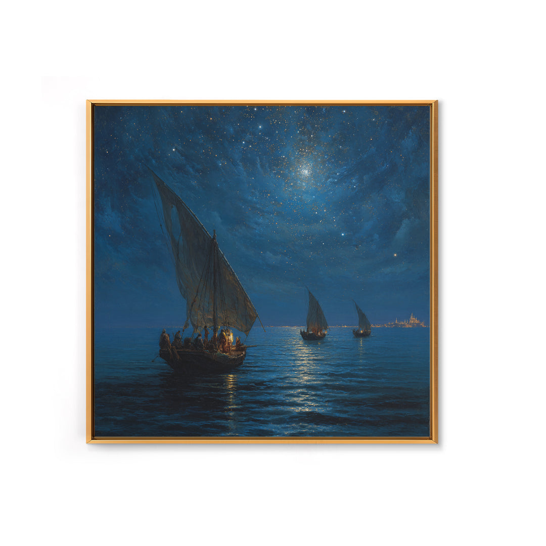 Starry Night Sailboats On Moonlit Sea Wall Art, Nautical Coastal Canvas Print, Ocean Landscape Decor, Romantic Travel Gift