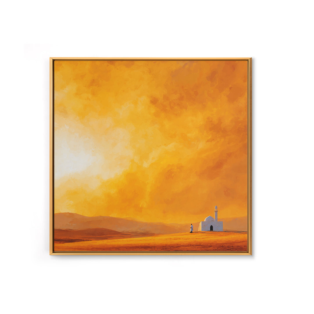 Glowing Orange Desert Mosque Canvas Print, Minimalist Landscape Art, Islamic Wall Decor, Warm Neutral Home Decor Gift Idea