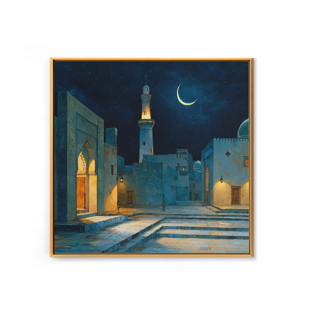 Blue Moonlit Mosque Courtyard With Crescent Moon Wall Art, Islamic Wall Decor, Celestial Night Print, Serene Home Decor Gift