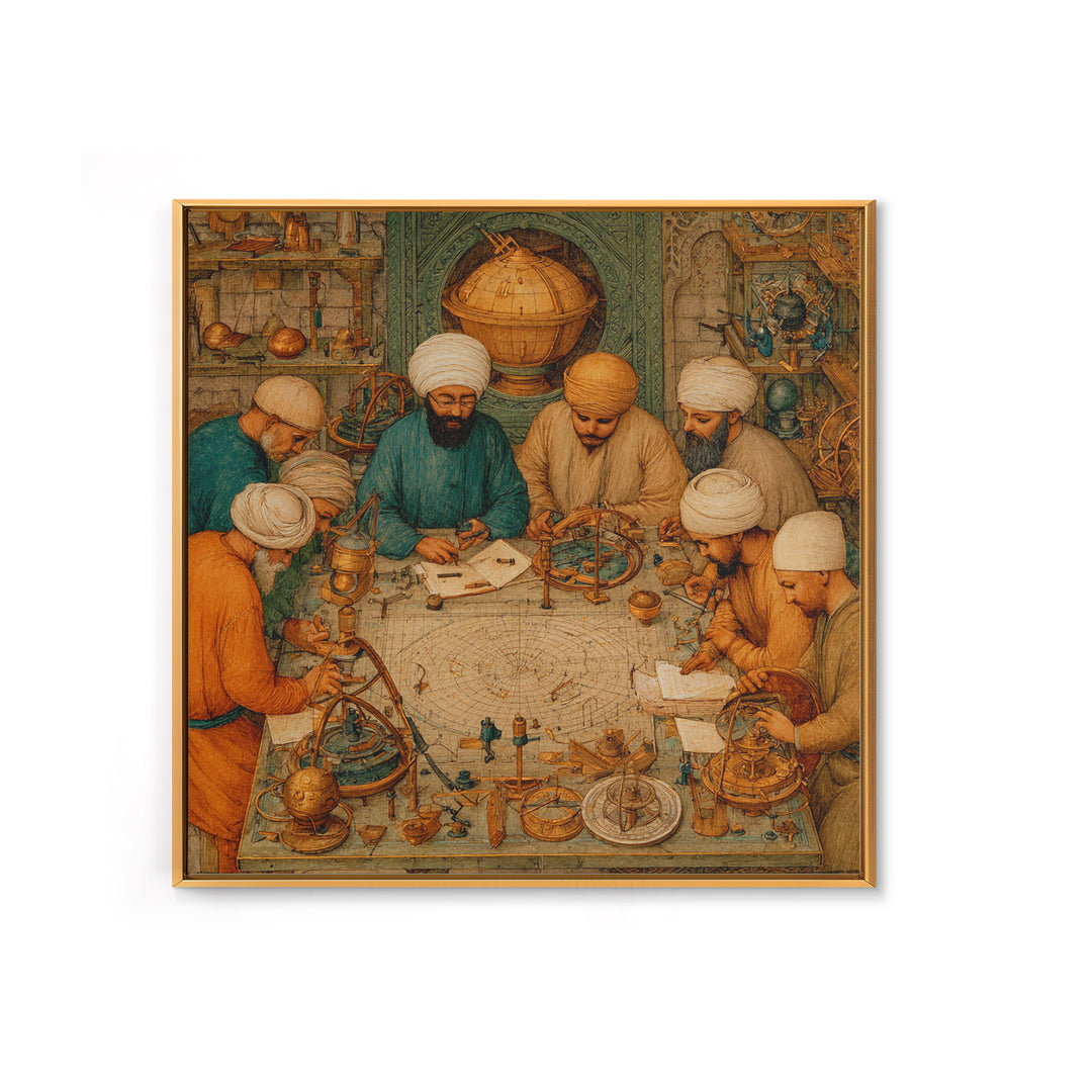 Medieval Astronomers Studying Celestial Maps Wall Art, Islamic Science Illustration Canvas Print For Library Office Decor