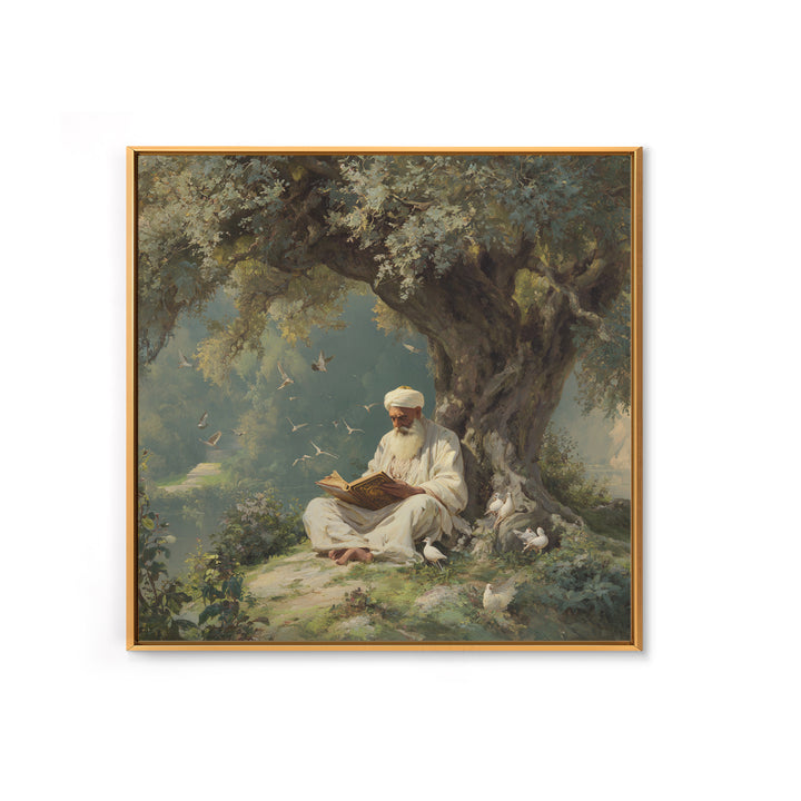 Scholar Reading Beneath Ancient Olive Tree With Doves Canvas Print, Islamic Wall Art, Spiritual Home Decor, Prayer Room Gift