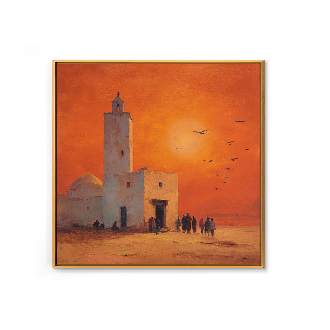 Orange Desert Mosque Sunset With Birds Wall Art, Moroccan Wall Decor, Islamic Home Decor, Travel Poster, Housewarming Gift