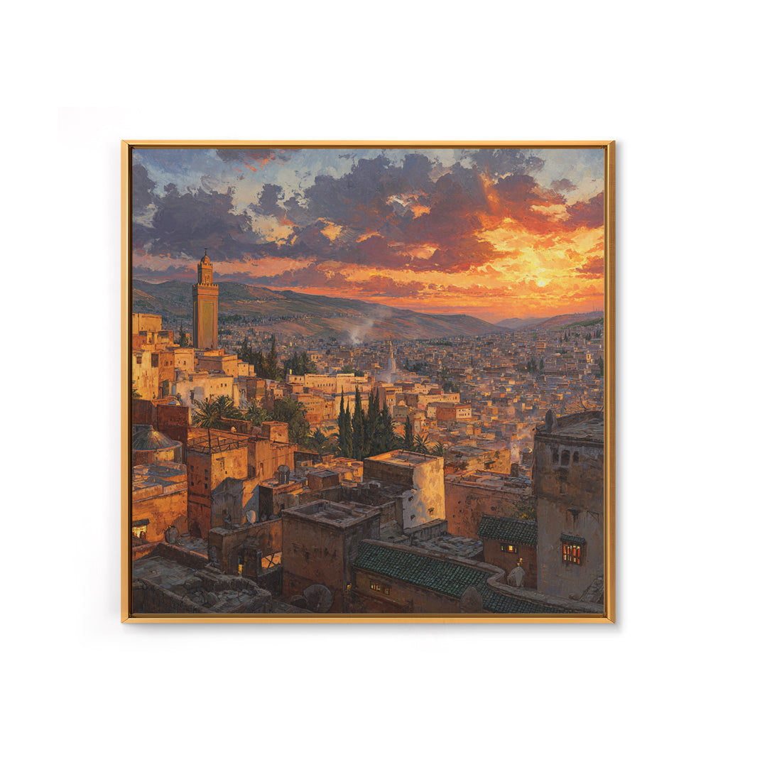 Moroccan City Rooftops At Sunset Wall Art, Marrakech Travel Canvas Print, Warm Mediterranean Living Room Decor Housewarming Gift