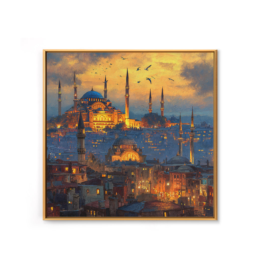 Glowing Istanbul Mosque Skyline Wall Art, Islamic Architecture Canvas Print, Travel Poster, Cityscape Art, Turkish Home Decor
