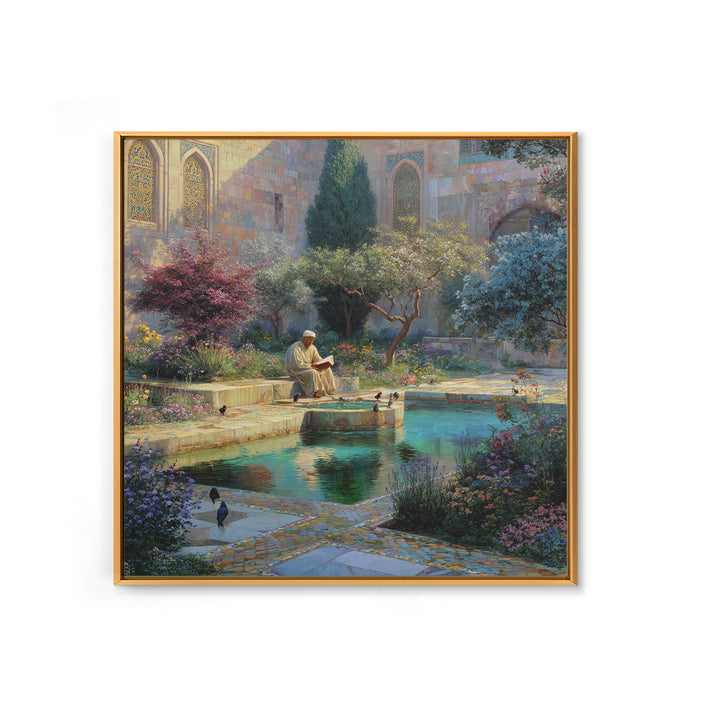 Serene Islamic Garden Courtyard With Reader Wall Art, Meditation Framed Canvas Print, Botanical Zen Home Decor Gift For Her