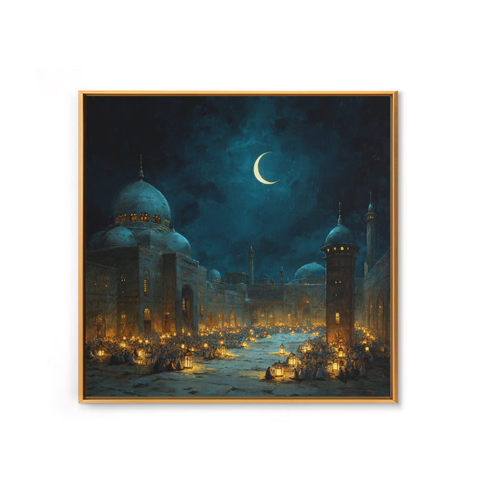 Moonlit Mosque Courtyard With Crescent Canvas Print, Islamic Wall Art, Ramadan Lantern Decor For Prayer Room And Home Decor