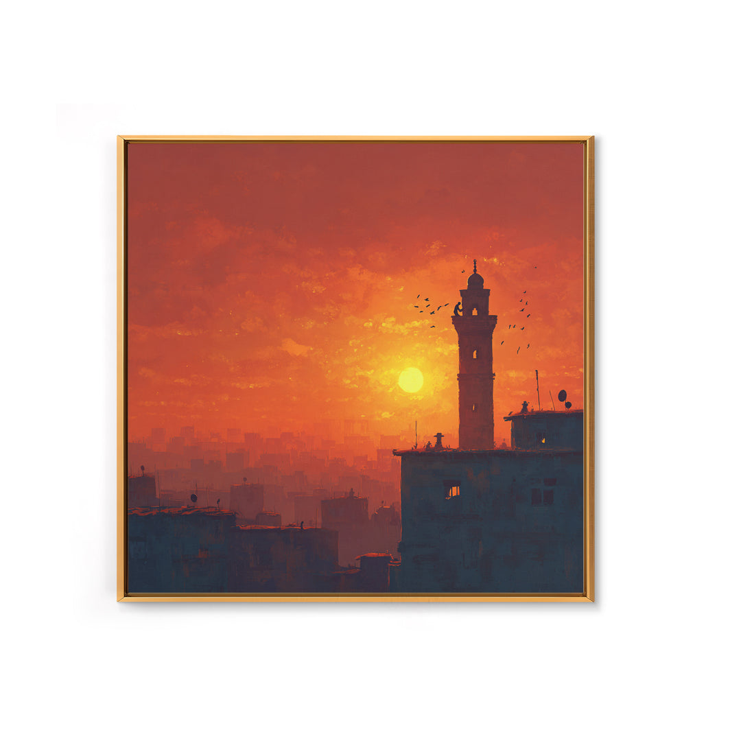 Orange City Sunset With Minaret Tower Silhouette Canvas Print, Islamic Wall Art, Moroccan Decor, Travel Poster, Home Decor