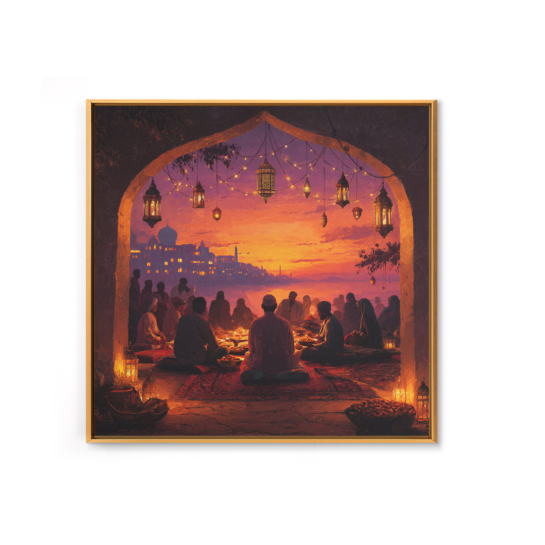 Ramadan Sunset Gathering Wall Art, Lantern Iftar Dinner Scene, Islamic Home Decor, Warm Spiritual Canvas Print Gift For Prayer Room