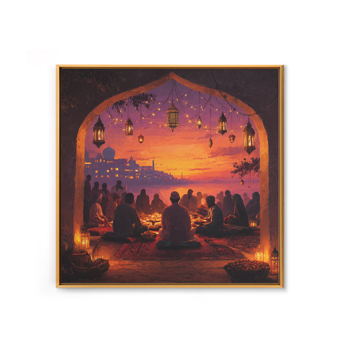 Ramadan Sunset Gathering Wall Art, Lantern Iftar Dinner Scene, Islamic Home Decor, Warm Spiritual Canvas Print Gift For Prayer Room