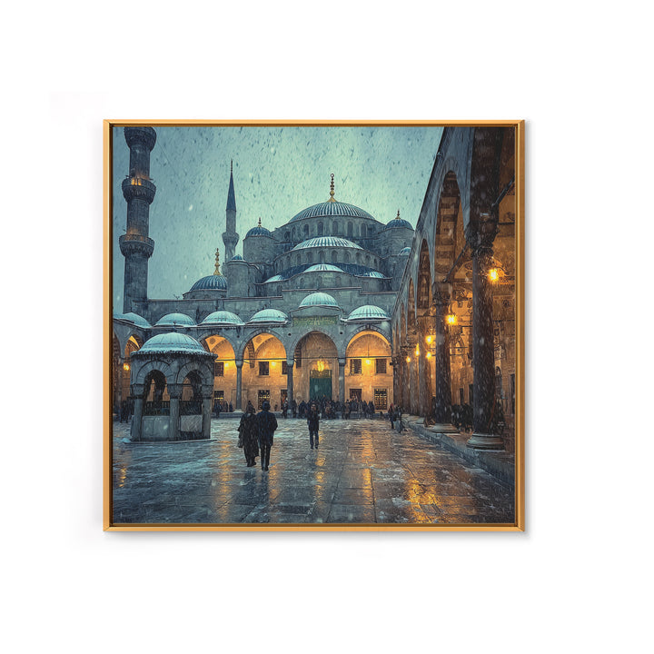 Snowy Blue Mosque Courtyard Canvas Print, Islamic Architecture Wall Art, Istanbul Travel Poster, Spiritual Decor, Home Decor