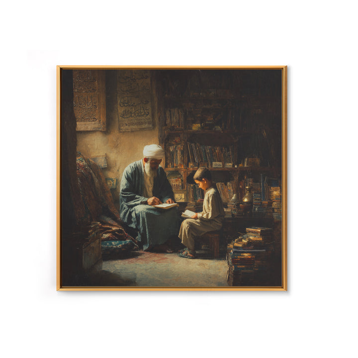 Elder Scholar And Child Reading In Ancient Library Wall Art, Islamic Decor, Dark Academia, Arabic Calligraphy Fine Art Print