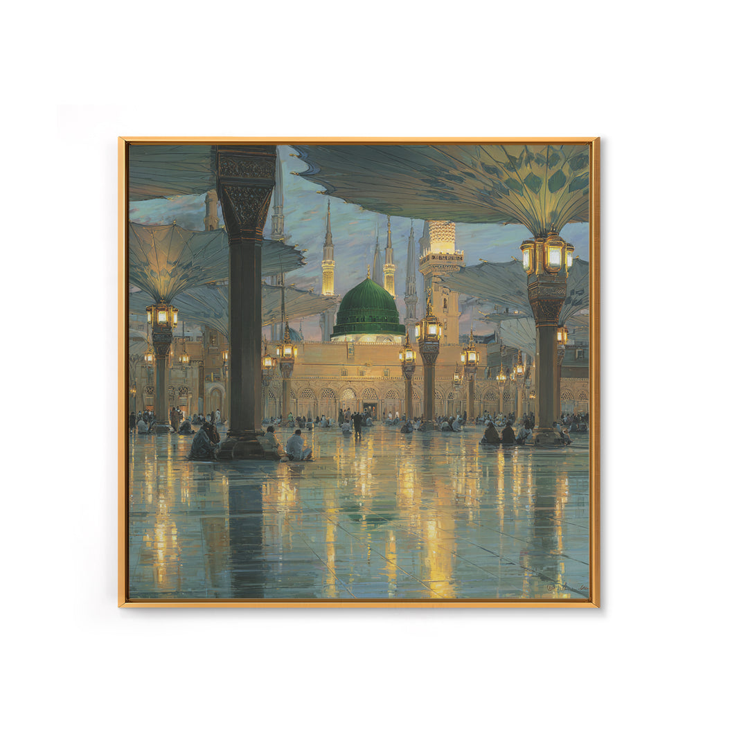 Green Dome Mosque Courtyard With Lantern Reflections Framed Canvas Print, Islamic Wall Art, Medina Decor, Spiritual Gift