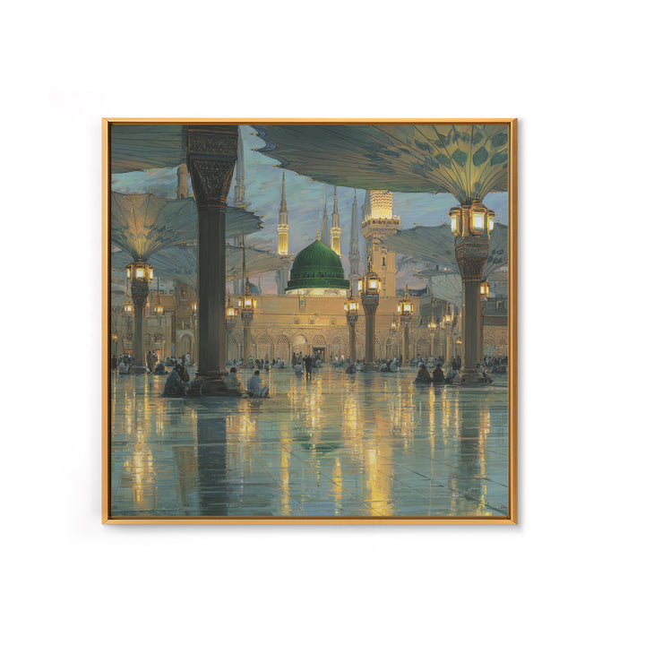 Green Dome Mosque Courtyard With Lantern Reflections Framed Canvas Print, Islamic Wall Art, Medina Decor, Spiritual Gift