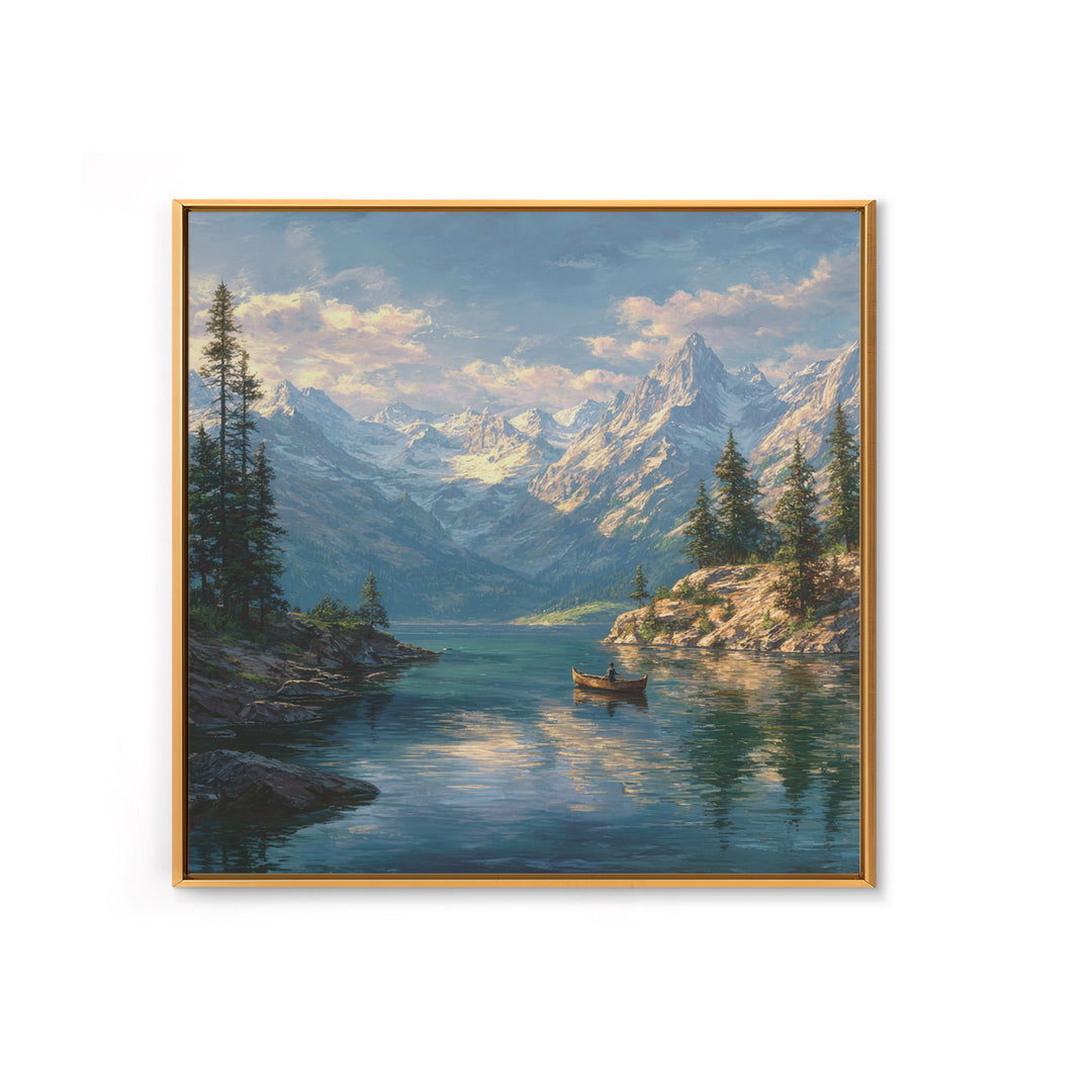 Alpine Lake And Snowy Mountains Framed Canvas Print, Scenic Landscape Art, Cabin Wall Decor, Nature Gift For Living Room