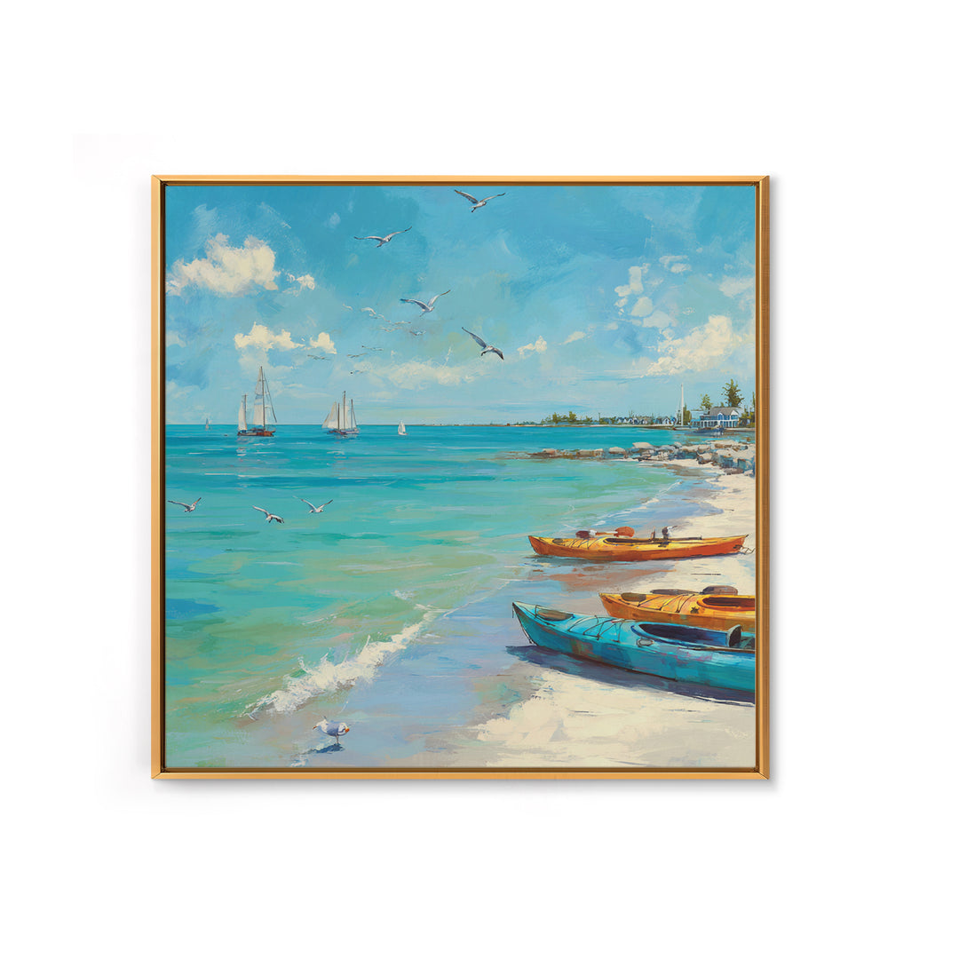 Turquoise Beach Boats And Seagulls Canvas Print, Coastal Wall Art, Ocean Seascape Decor For Beach House Living Room Decor