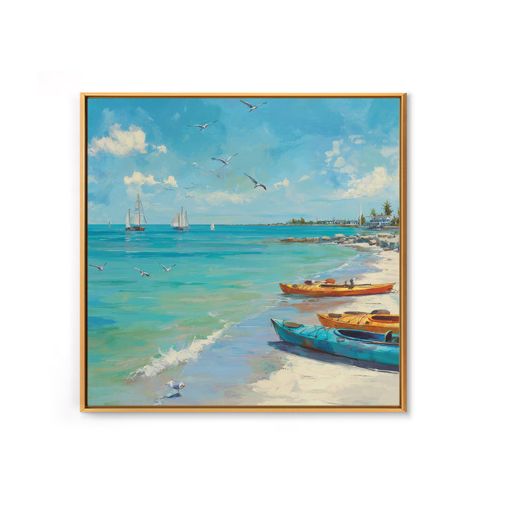 Turquoise Beach Boats And Seagulls Canvas Print, Coastal Wall Art, Ocean Seascape Decor For Beach House Living Room Decor