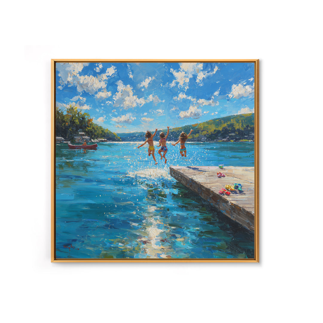 Kids Jumping Off A Sunny Lake Dock Wall Art, Summer Landscape Canvas Print, Lake House Decor, Playroom Art Gift For Coastal Home