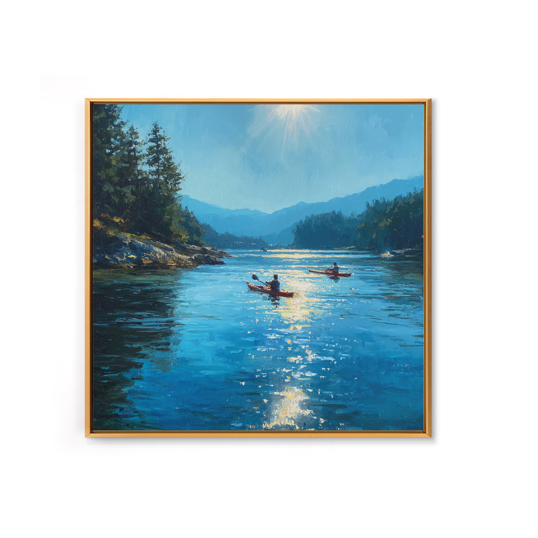 Sunlit Kayakers On Blue Mountain Lake Wall Art, Coastal Landscape Canvas Print, Nature Wall Decor For Living Room Home Decor Gift