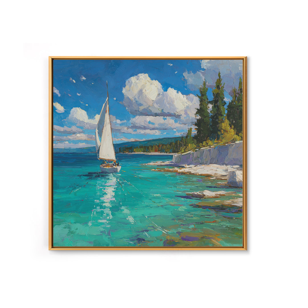 White Sailboat On Turquoise Lake Wall Art, Coastal Landscape Painting, Nautical Lake House Decor, Impasto Framed Canvas Print