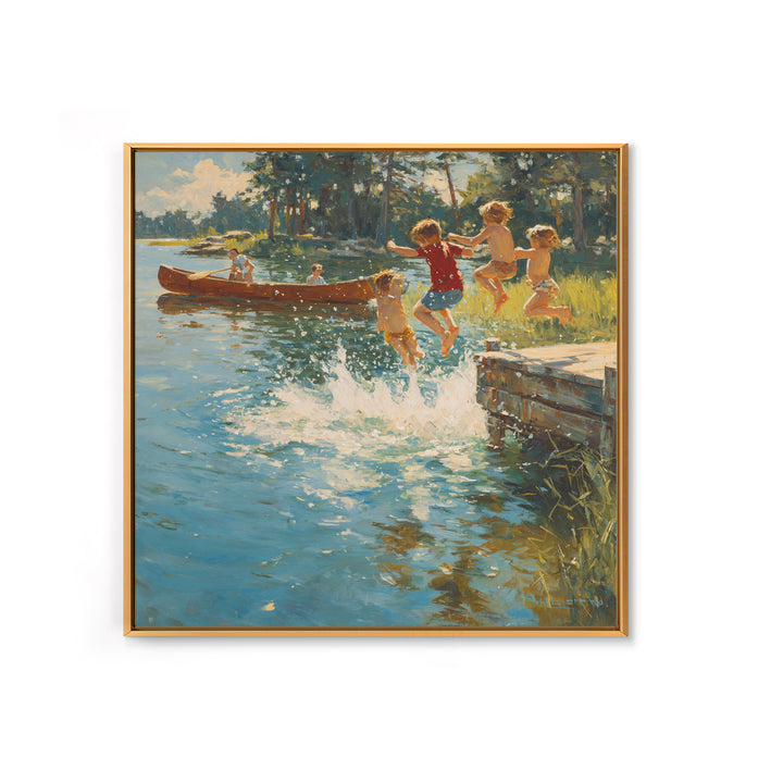 Children Jumping Into Sunny Lake Canvas Print, Summer Cabin Wall Art, Rustic Lake House Decor, Kids Room Art, Family Gift