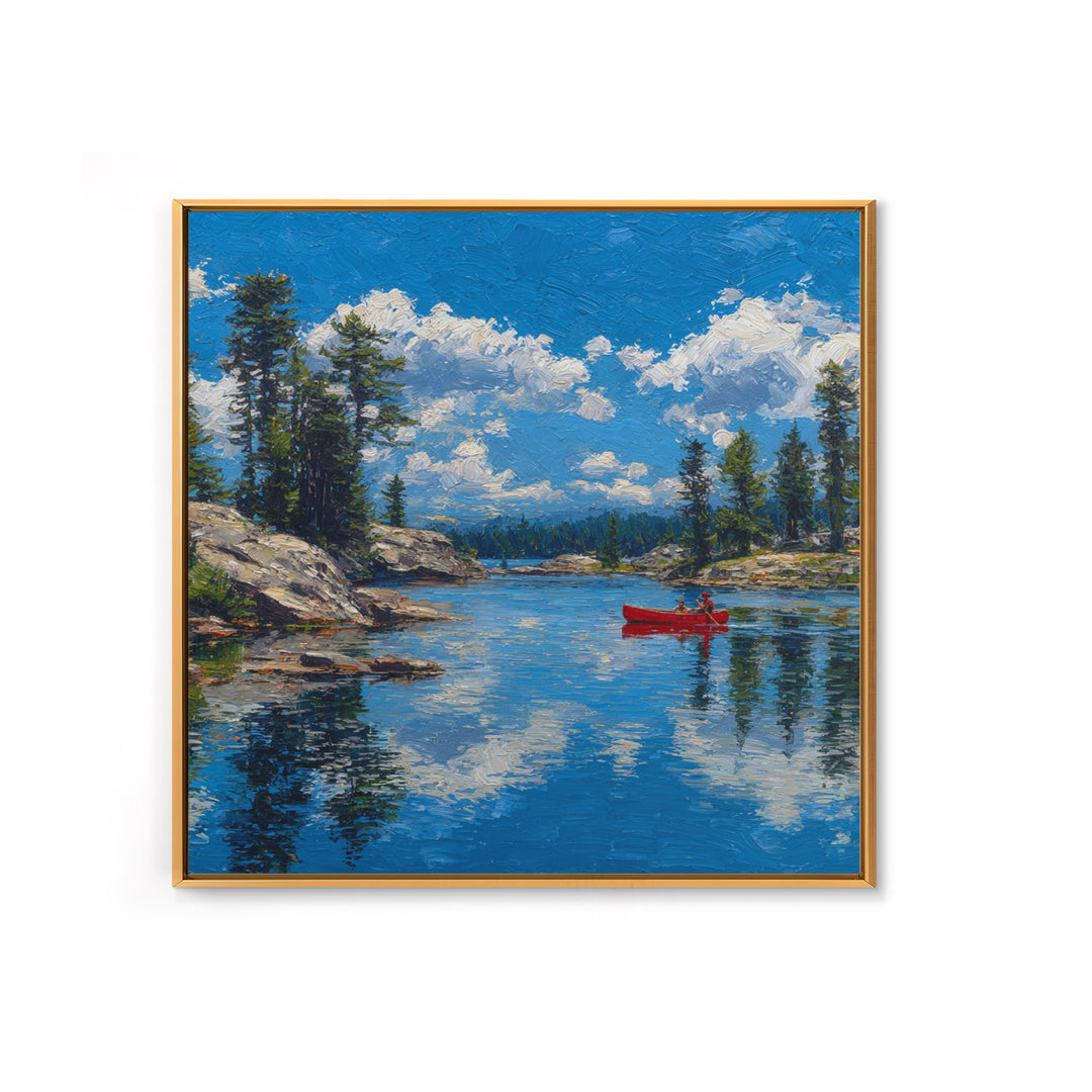 Red Canoe On Alpine Lake Wall Art, Mountain Landscape Painting, Rustic Cabin Decor, Pine Forest Nature Lover Framed Canvas Print